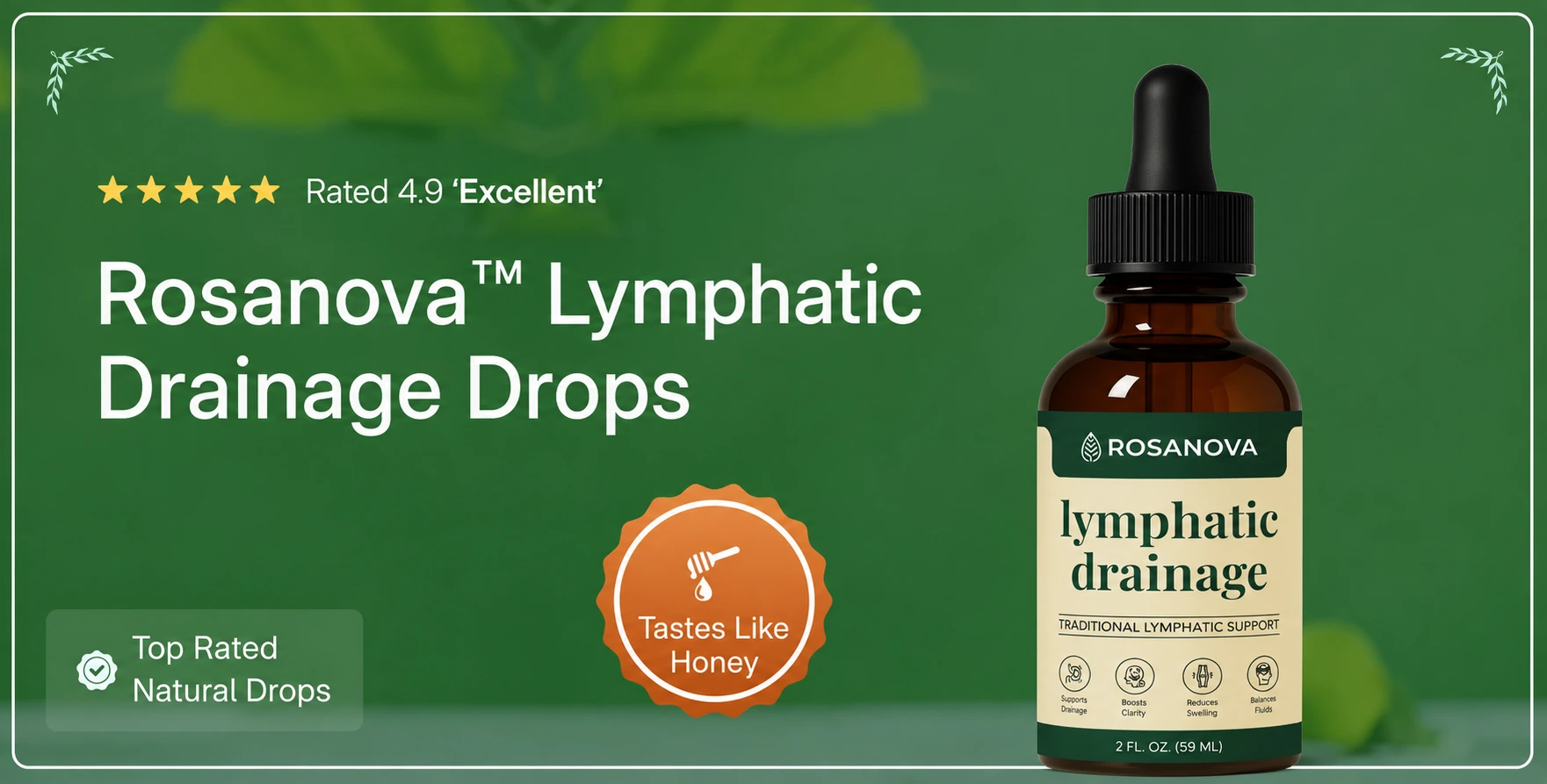 Lymphatic Drainage Drops bottle with green background and product details.