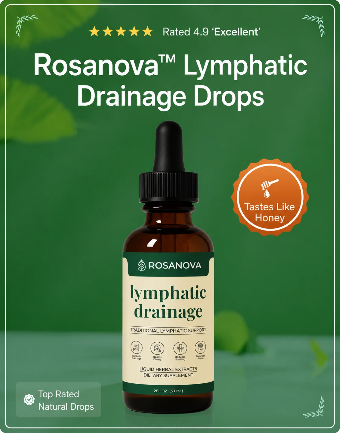 Rosanova Lymphatic Drainage Drops bottle with dropper on a green background