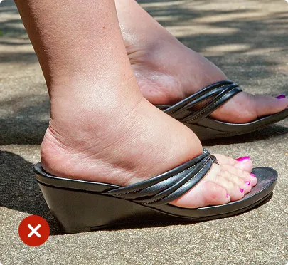 Black wedge sandals worn on feet