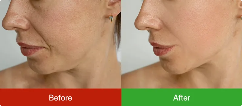 Before and after comparison of a woman's face with visible skin texture differences.