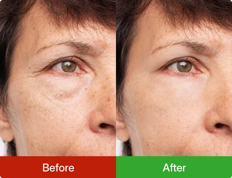 Before and after comparison of a woman's eye area with visible skin improvement.