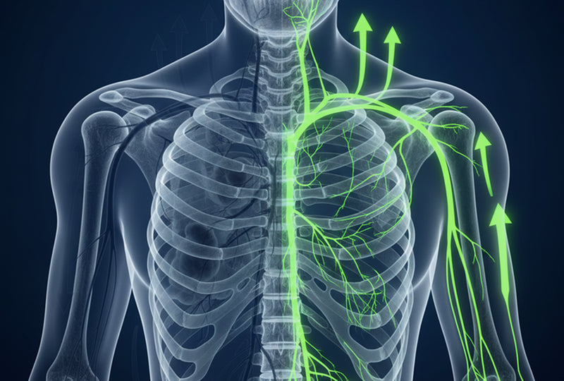Anatomical illustration of a human chest with highlighted lymphatic system