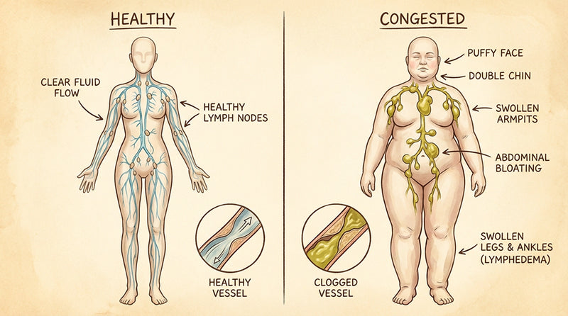 Diagram comparing healthy and congested lymph systems with labeled body parts and symptoms.