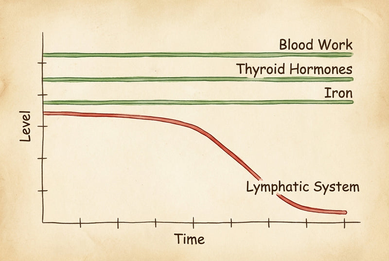 Graph showing levels of Blood Work, Thyroid Hormones, Iron, and Lymphatic System over time