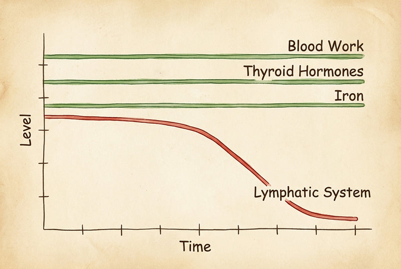 Graph showing levels of blood work, thyroid hormones, iron, and lymphatic system over time