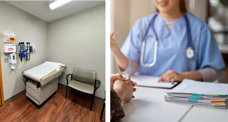 Doctor's office with examination table and chair, and a doctor at a desk with medical records.