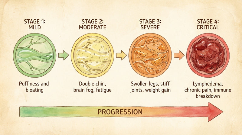 Diagram showing the progression of a condition from mild to critical stages with corresponding symptoms.