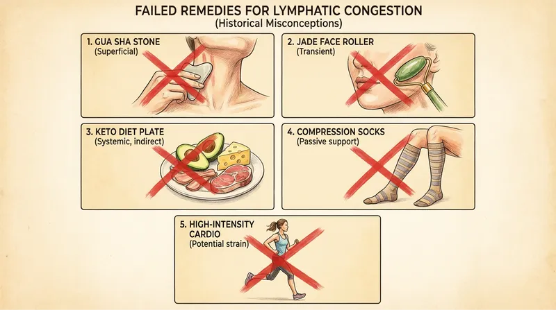 Diagram showing failed remedies for lymphatic congestion with red 'X' marks over each method.