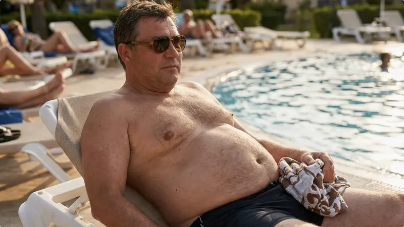 Man lounging by a pool with sunglasses on, poolside area with other people in the background