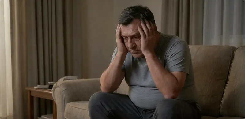Man sitting on a couch with his head in his hands, appearing stressed or sad.