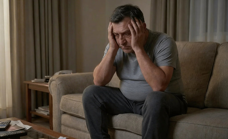 Man sitting on a couch with his head in his hands, appearing distressed.