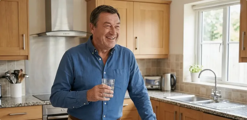 Man in a kitchen holding a glass, smiling