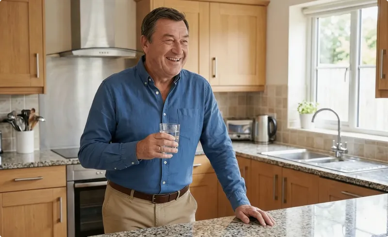 Man in a kitchen holding a glass, smiling