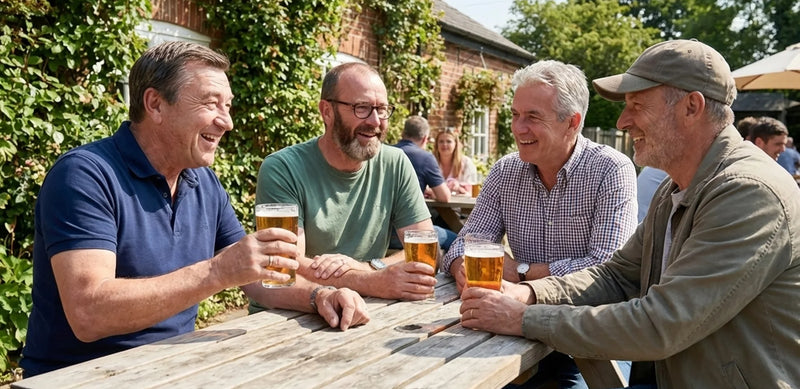 Four men sitting at an outdoor table, enjoying drinks together.