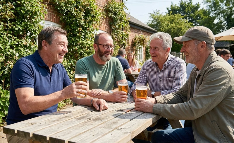 Four men sitting around a wooden table outdoors, enjoying drinks together.