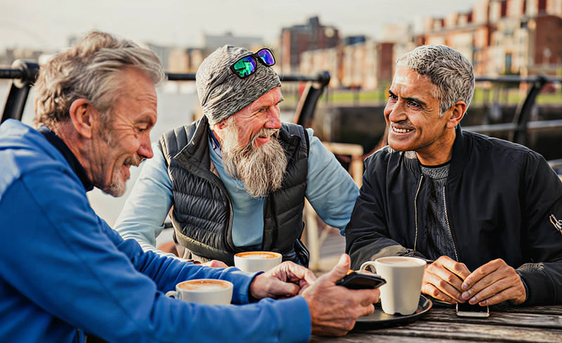 Three men sitting together outdoors, engaged in conversation with coffee cups on a table.