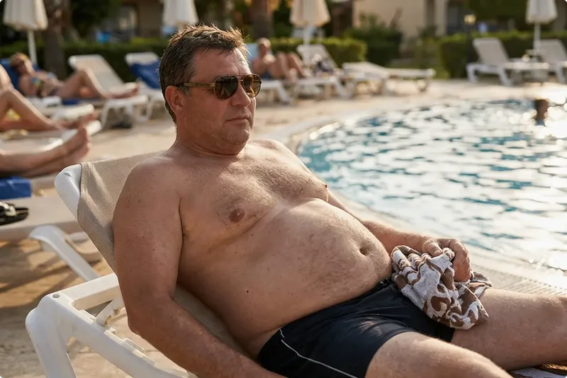 Man sunbathing by a pool