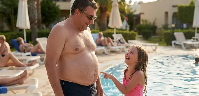 Man and young girl by a poolside with lounge chairs and umbrellas in the background