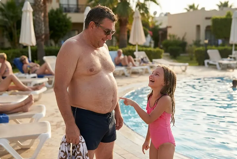 Man and young girl by a poolside