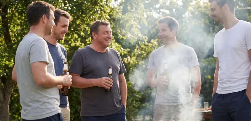 Five men standing outdoors, likely in a garden or park, enjoying drinks together.