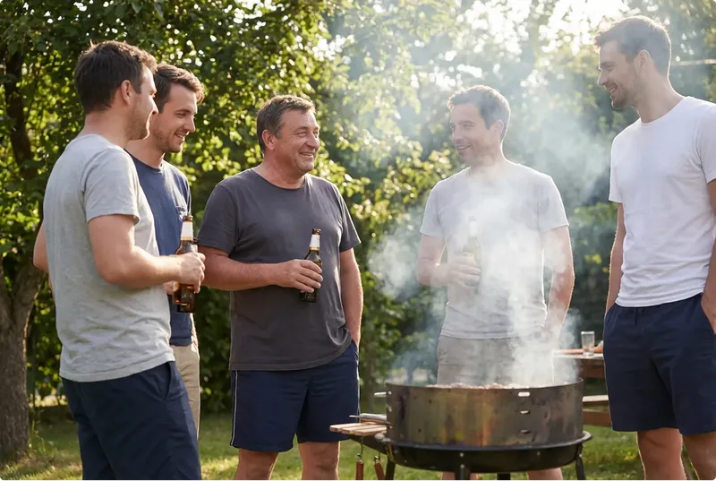 Group of men socializing around a barbecue grill outdoors